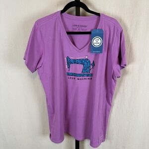 Life is Good Womens Crusher V-Neck Love Machine Sewing Graphic Tshirt XL Purple
